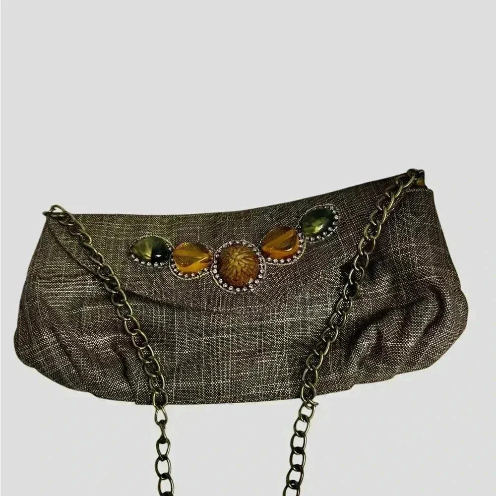 Chico’s bag linen bag with embellishments on the front chain strap - Picture 3 of 10